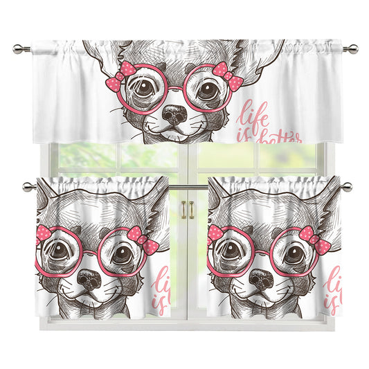 Cute Chihuahua With Glasses Print 3 Piece Kitchen Curtains