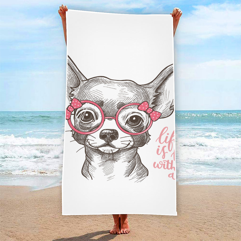 Cute Chihuahua With Glasses Print Beach Towel