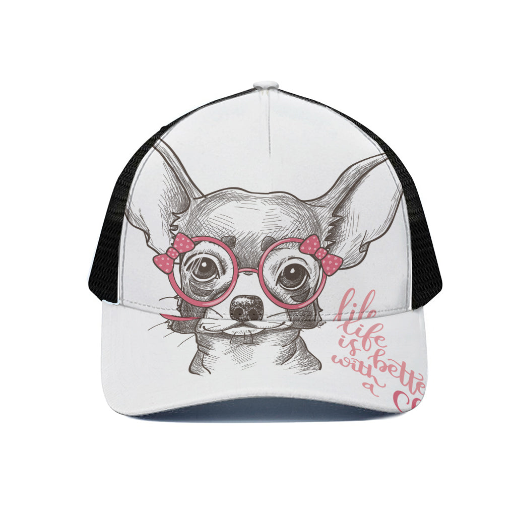 Cute Chihuahua With Glasses Print Black Mesh Trucker Cap