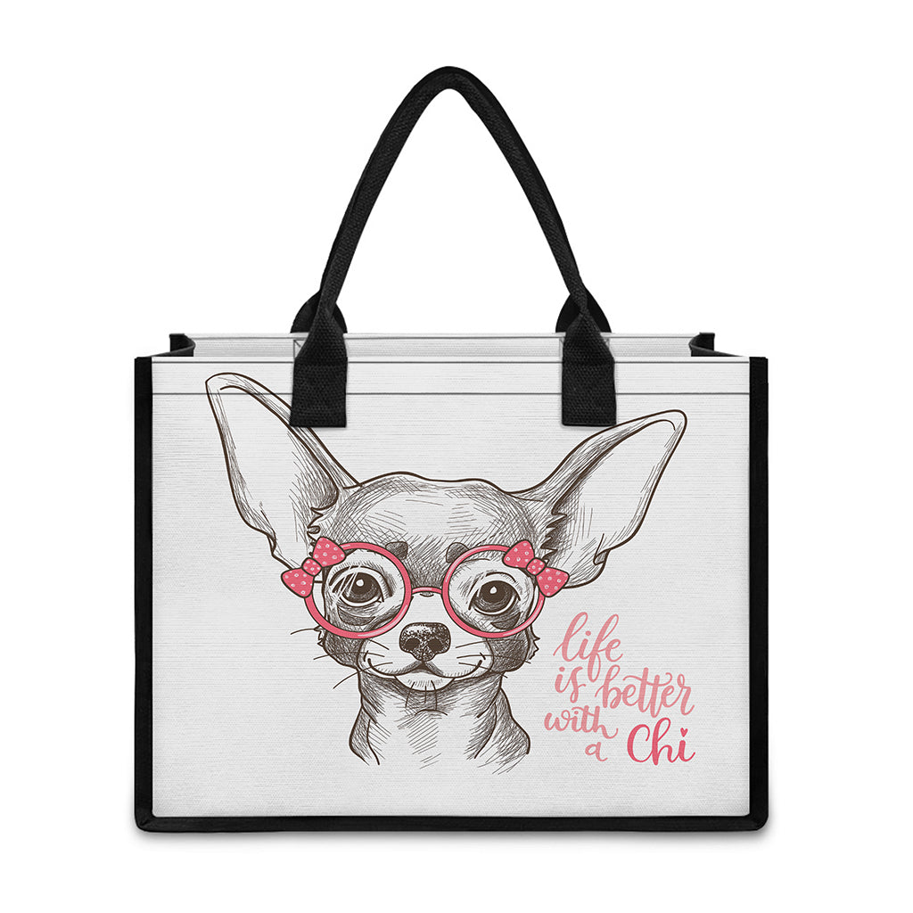 Cute Chihuahua With Glasses Print Canvas Tote Bag