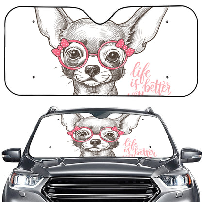 Cute Chihuahua With Glasses Print Car Windshield Sun Shade