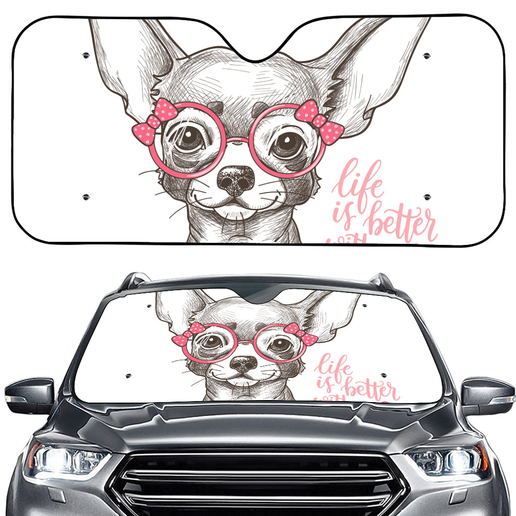 Cute Chihuahua With Glasses Print Car Windshield Sun Shade