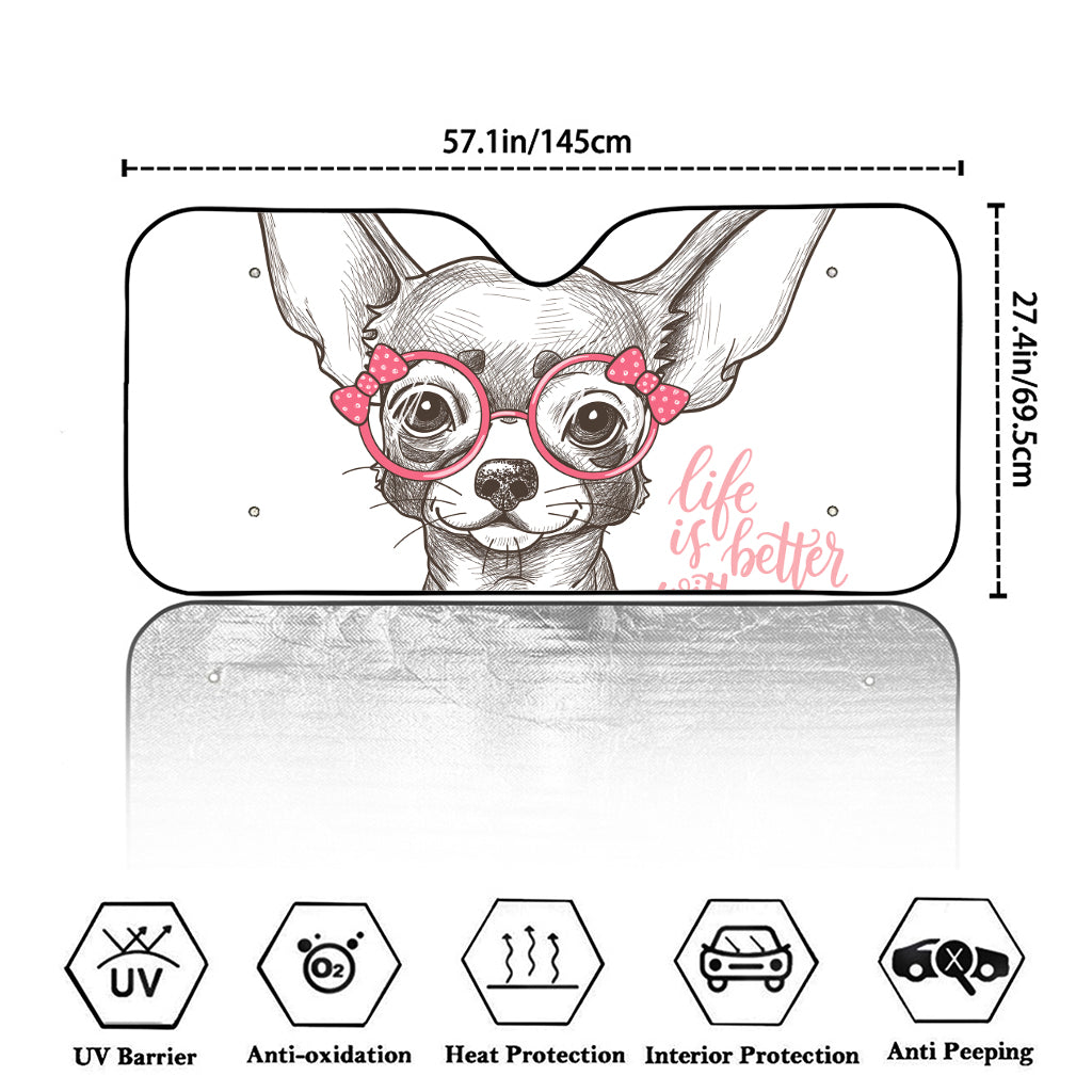 Cute Chihuahua With Glasses Print Car Windshield Sun Shade