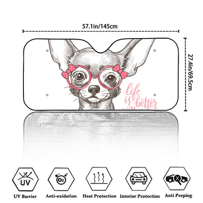 Cute Chihuahua With Glasses Print Car Windshield Sun Shade