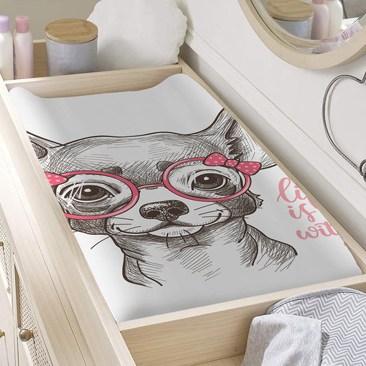 Cute Chihuahua With Glasses Print Changing Pad Cover