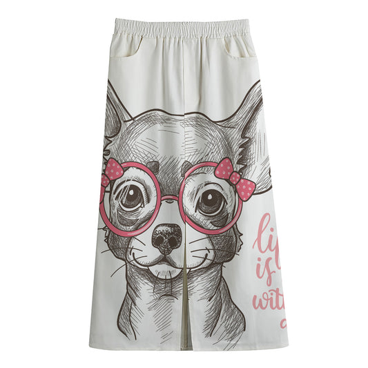 Cute Chihuahua With Glasses Print Cotton Front Slit Maxi Skirt
