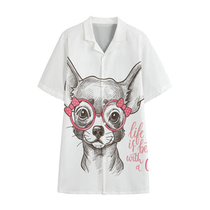 Cute Chihuahua With Glasses Print Cotton Hawaiian Shirt