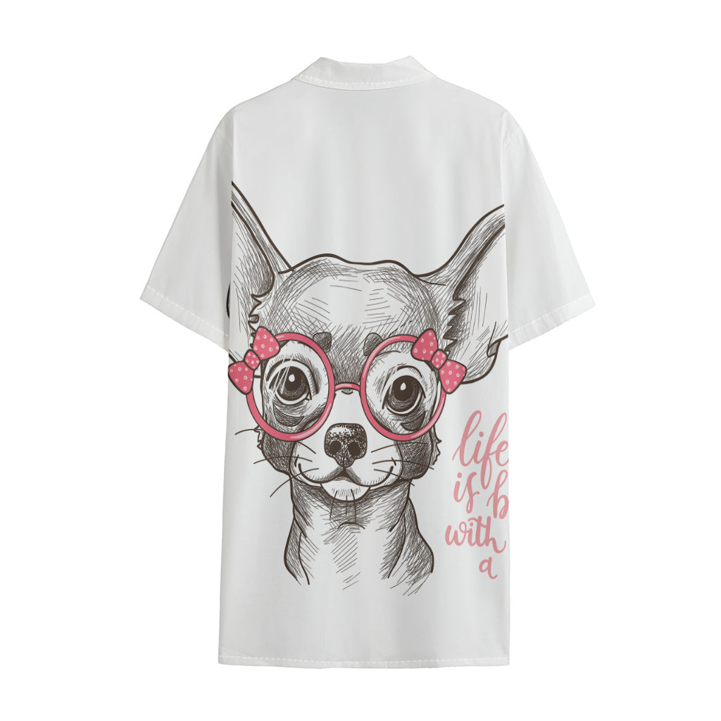 Cute Chihuahua With Glasses Print Cotton Hawaiian Shirt