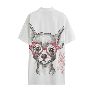 Cute Chihuahua With Glasses Print Cotton Hawaiian Shirt