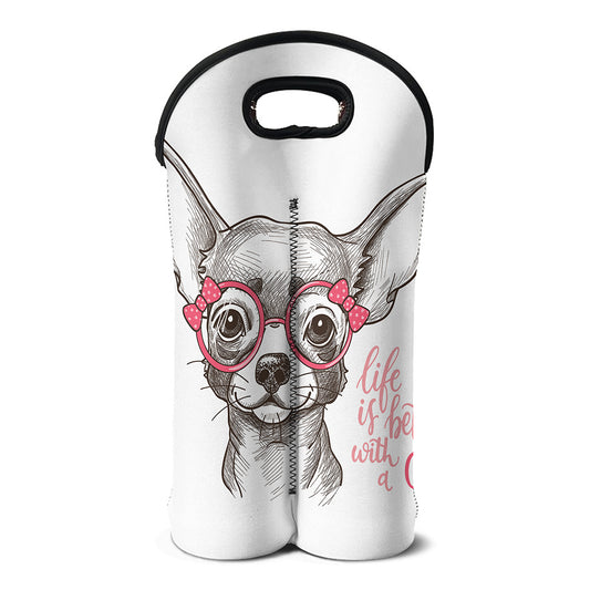 Cute Chihuahua With Glasses Print Double Neoprene Wine Tote