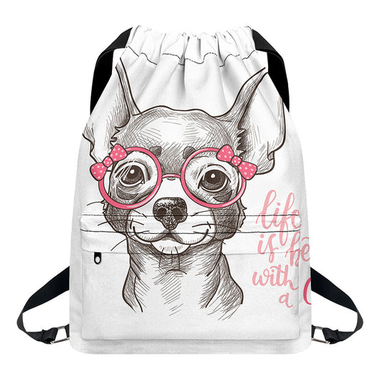 Cute Chihuahua With Glasses Print Drawstring Backpack