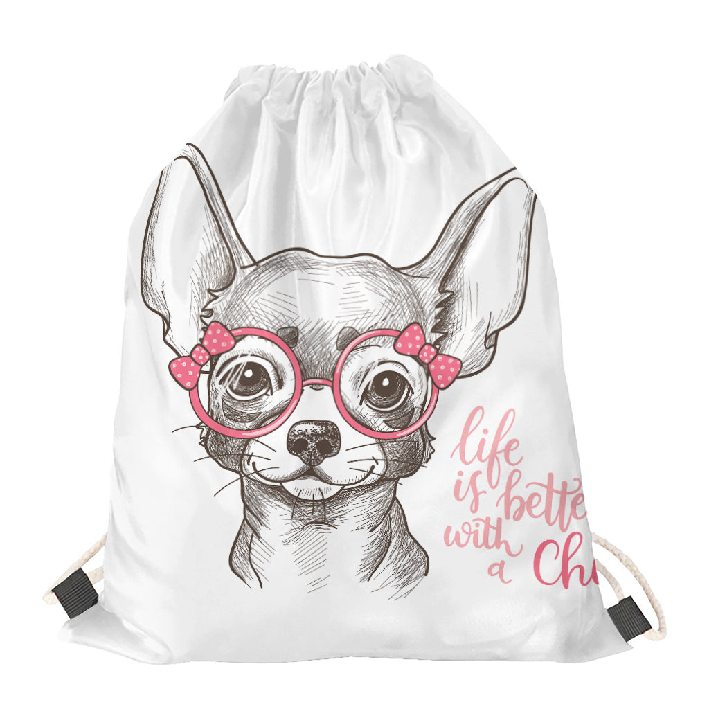 Cute Chihuahua With Glasses Print Drawstring Bag