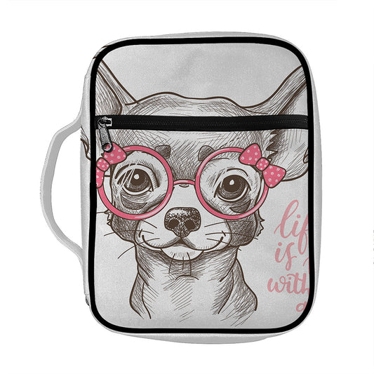 Cute Chihuahua With Glasses Print Front Pocket Bible Bag
