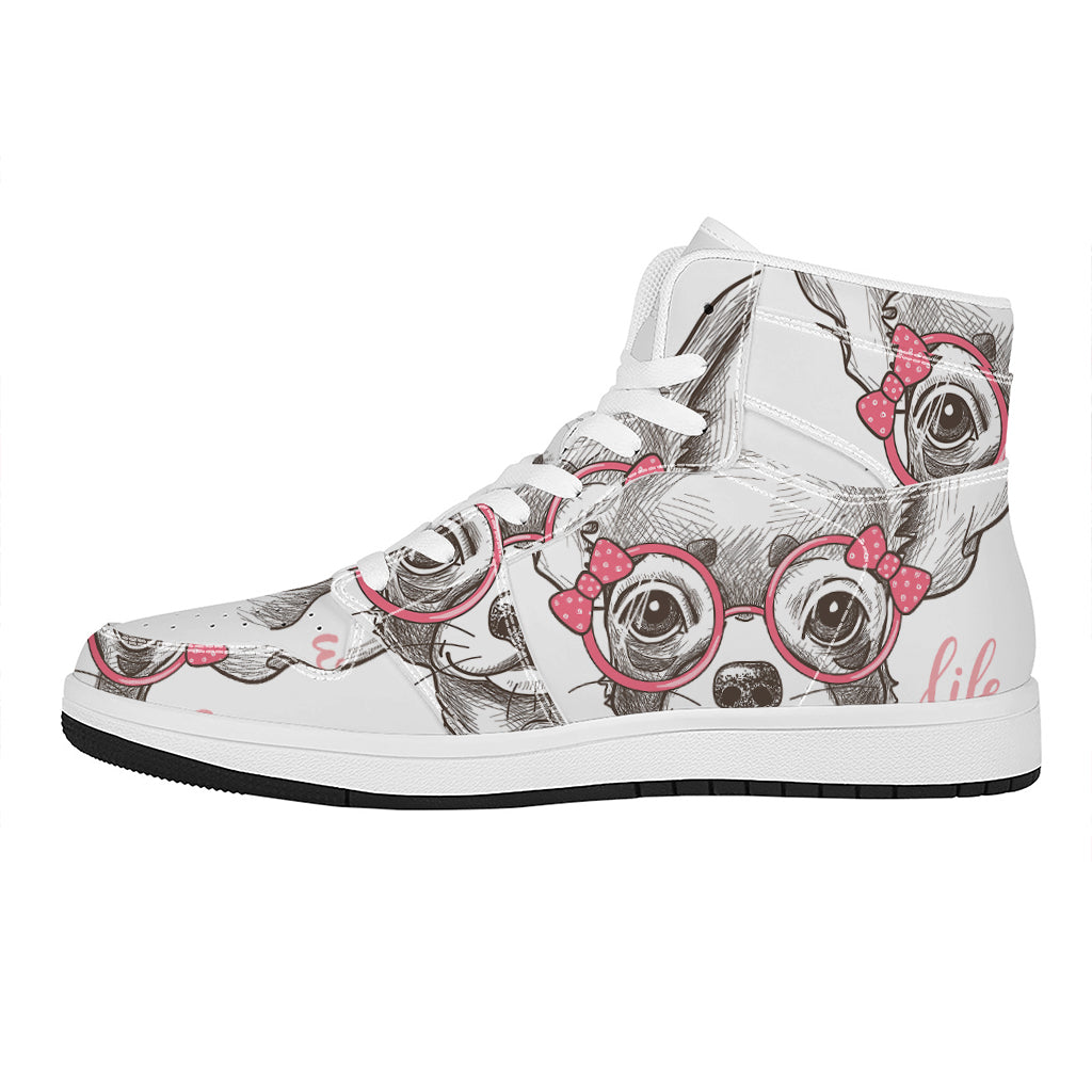 Cute Chihuahua With Glasses Print High Top Leather Sneakers