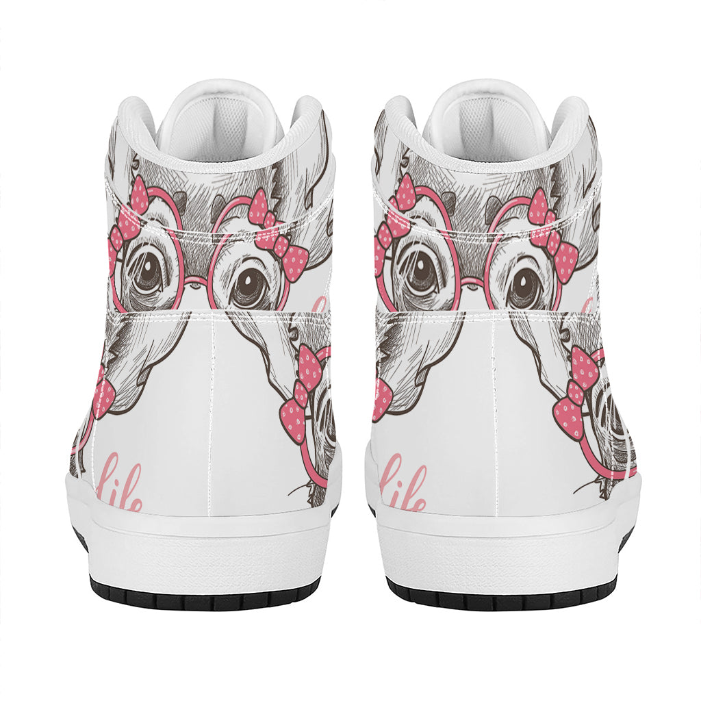 Cute Chihuahua With Glasses Print High Top Leather Sneakers