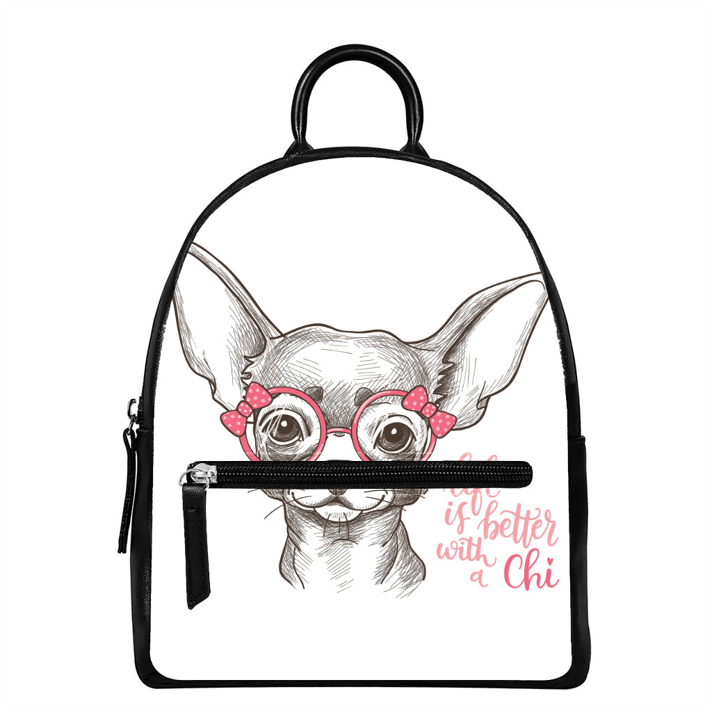 Cute Chihuahua With Glasses Print Leather Backpack