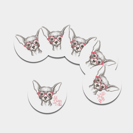 Cute Chihuahua With Glasses Print Leather Coaster Set