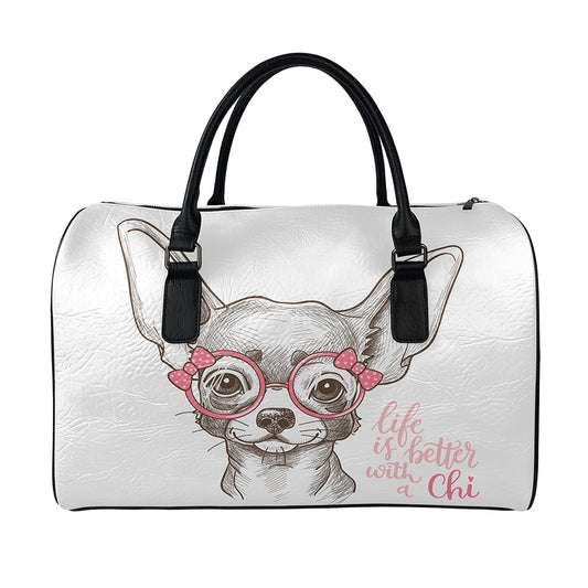 Cute Chihuahua With Glasses Print Leather Duffle Bag