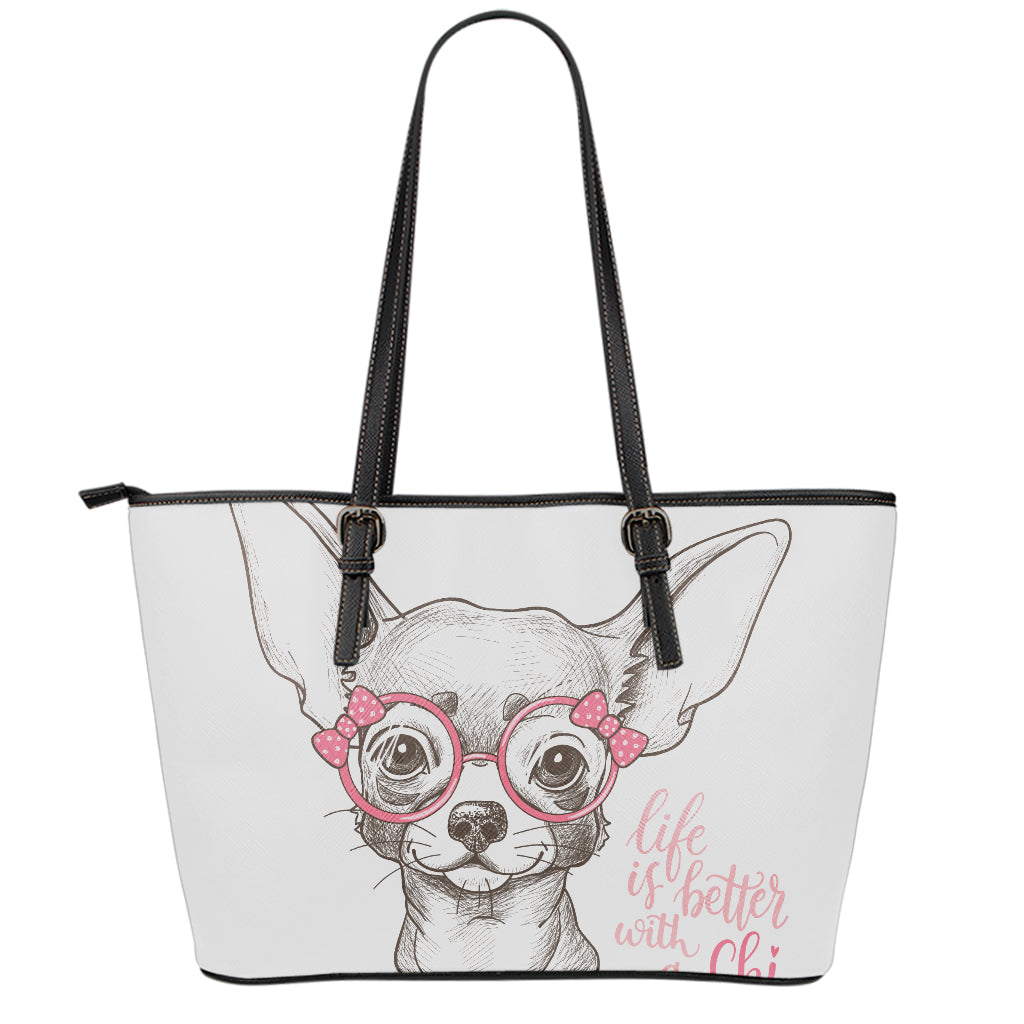 Cute Chihuahua With Glasses Print Leather Tote Bag