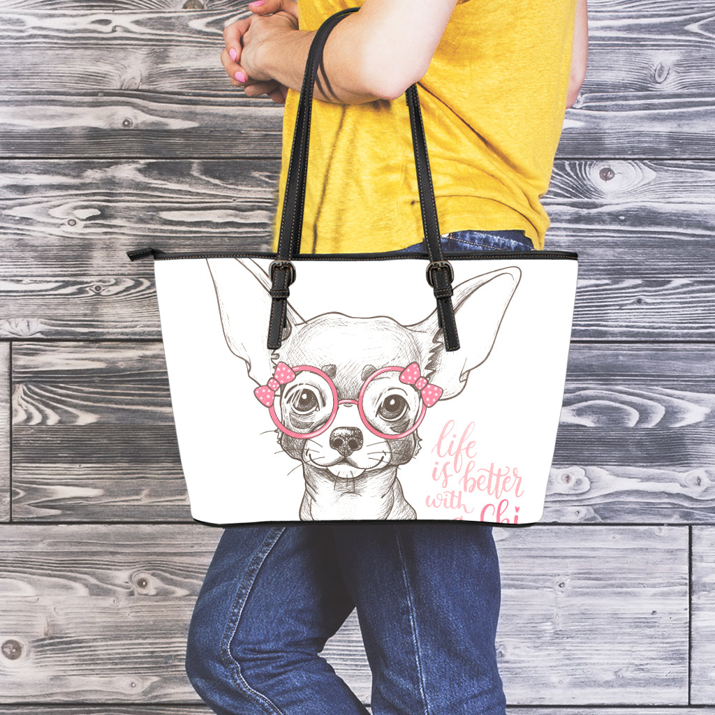 Cute Chihuahua With Glasses Print Leather Tote Bag