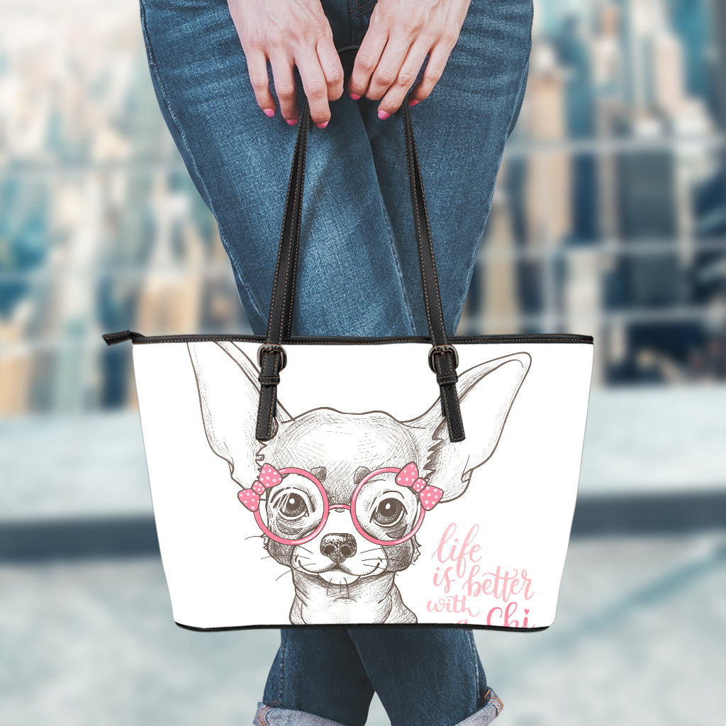 Cute Chihuahua With Glasses Print Leather Tote Bag