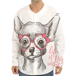 Cute Chihuahua With Glasses Print Long Sleeve Baseball Jersey