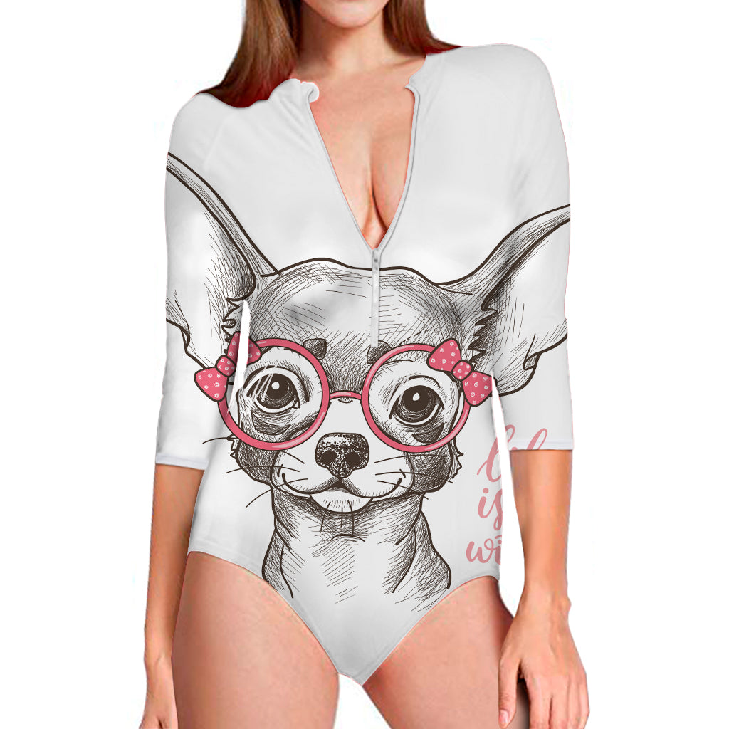 Cute Chihuahua With Glasses Print Long Sleeve Swimsuit