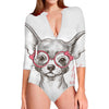 Cute Chihuahua With Glasses Print Long Sleeve Swimsuit