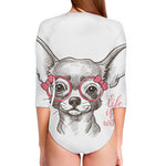 Cute Chihuahua With Glasses Print Long Sleeve Swimsuit