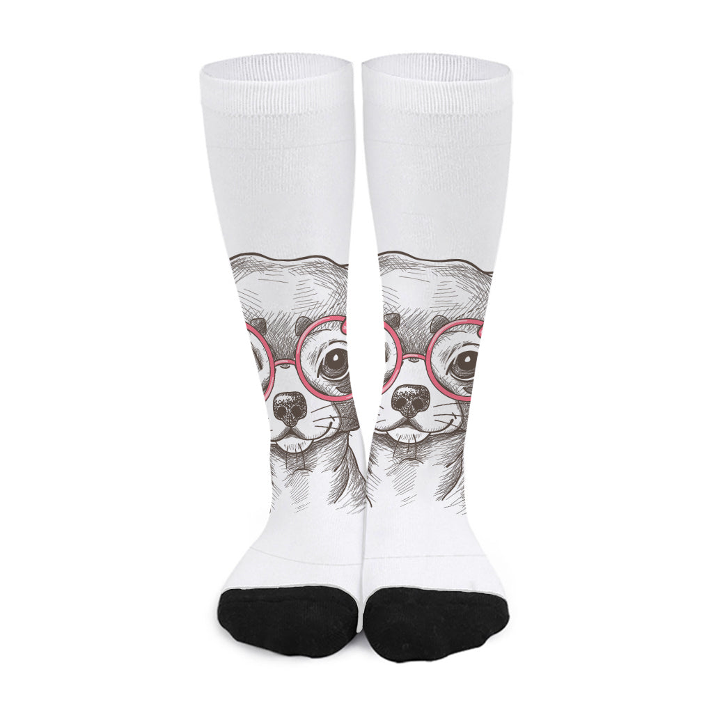 Cute Chihuahua With Glasses Print Long Socks