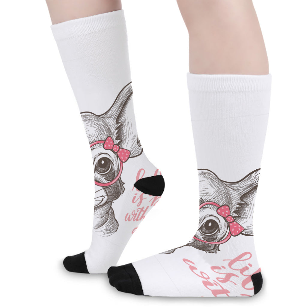 Cute Chihuahua With Glasses Print Long Socks