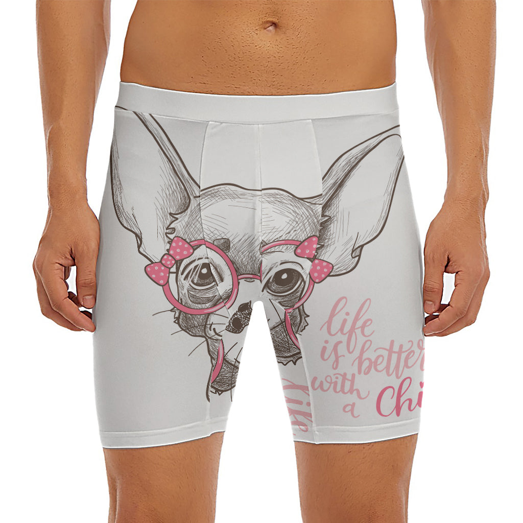 Cute Chihuahua With Glasses Print Men's Long Boxer Briefs