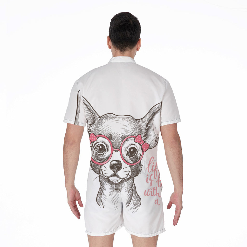 Cute Chihuahua With Glasses Print Men's Rompers