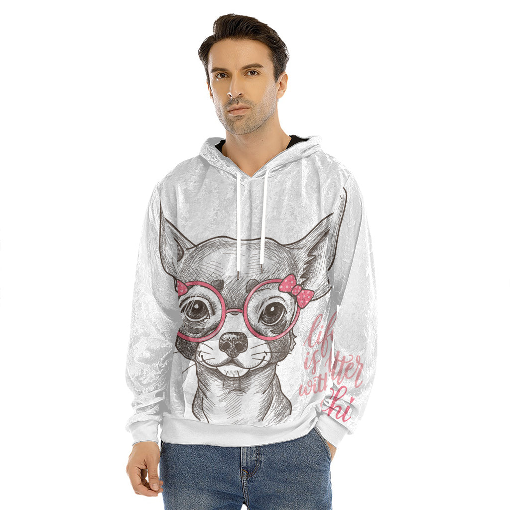 Cute Chihuahua With Glasses Print Men's Velvet Pullover Hoodie