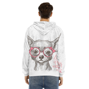 Cute Chihuahua With Glasses Print Men's Velvet Pullover Hoodie