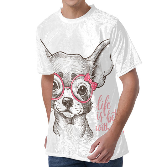 Cute Chihuahua With Glasses Print Men's Velvet T-Shirt
