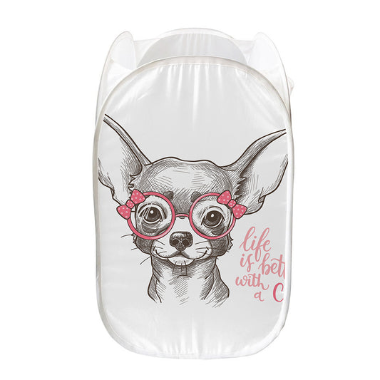 Cute Chihuahua With Glasses Print Mesh Laundry Hamper