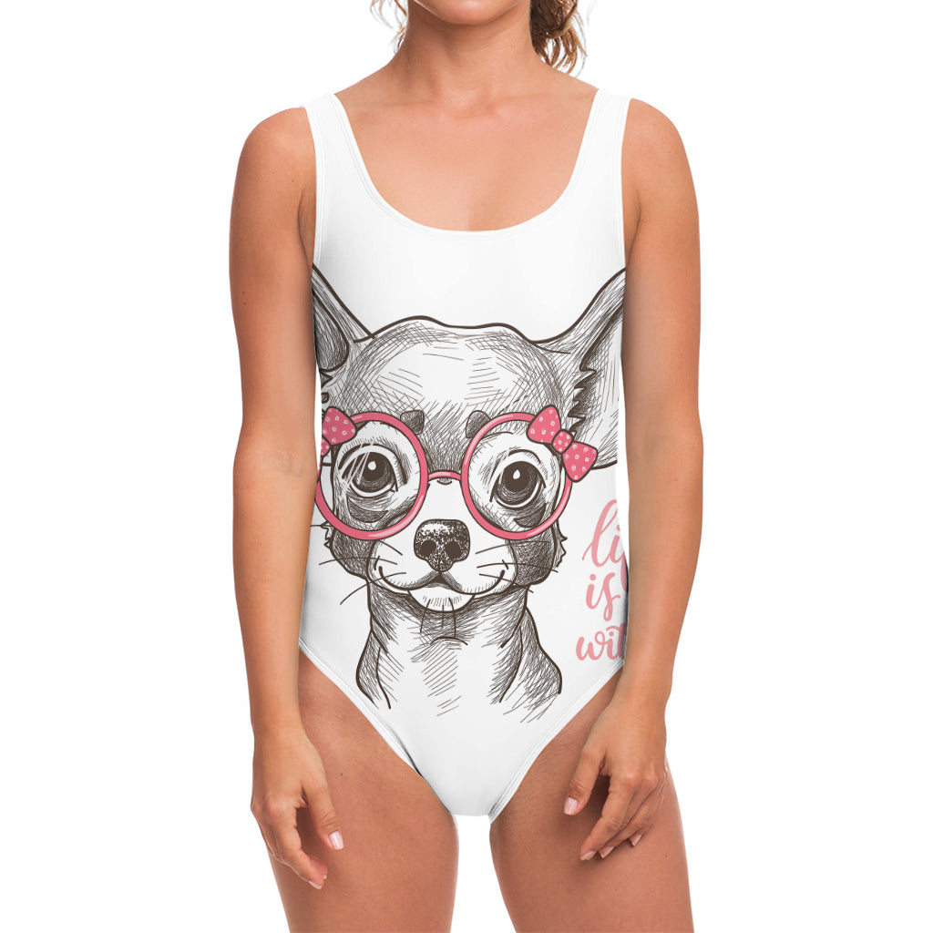 Cute Chihuahua With Glasses Print One Piece Swimsuit