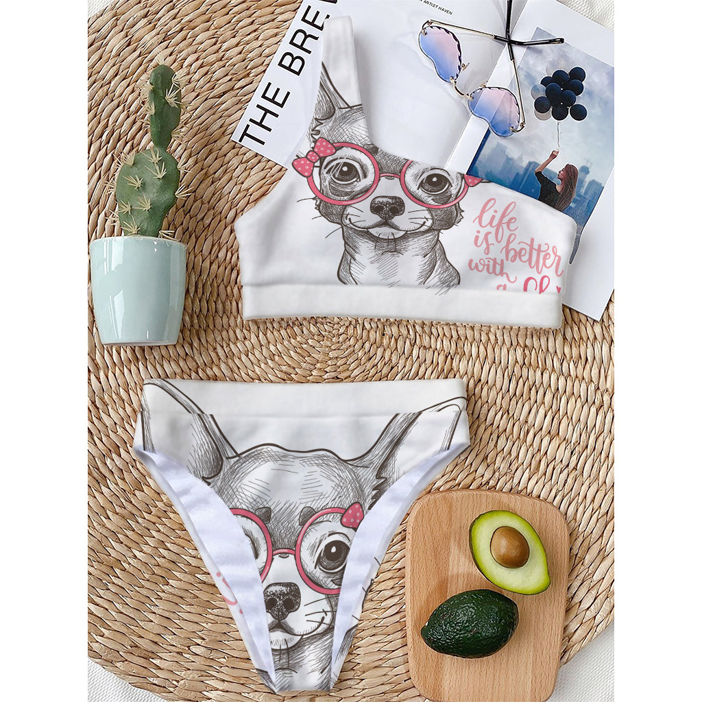 Cute Chihuahua With Glasses Print One Shoulder Bikini Top