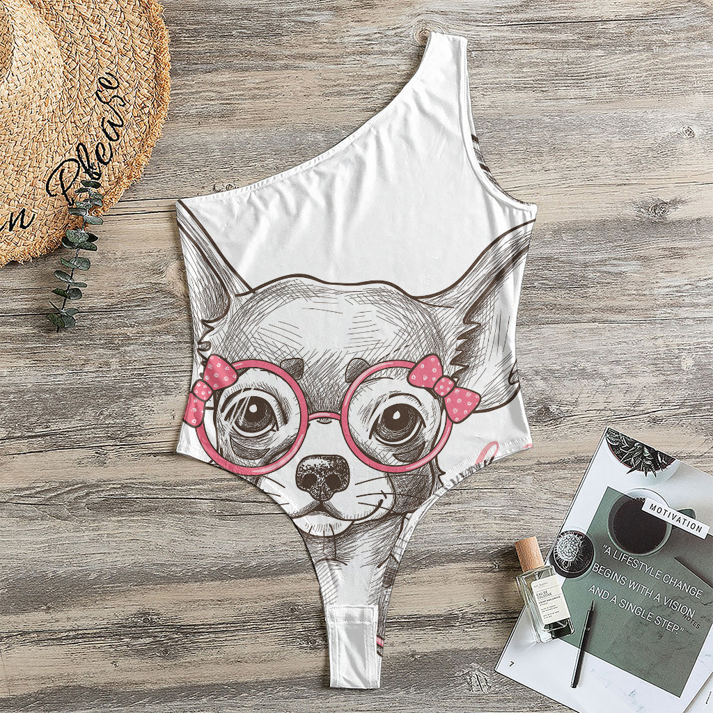 Cute Chihuahua With Glasses Print One Shoulder Bodysuit