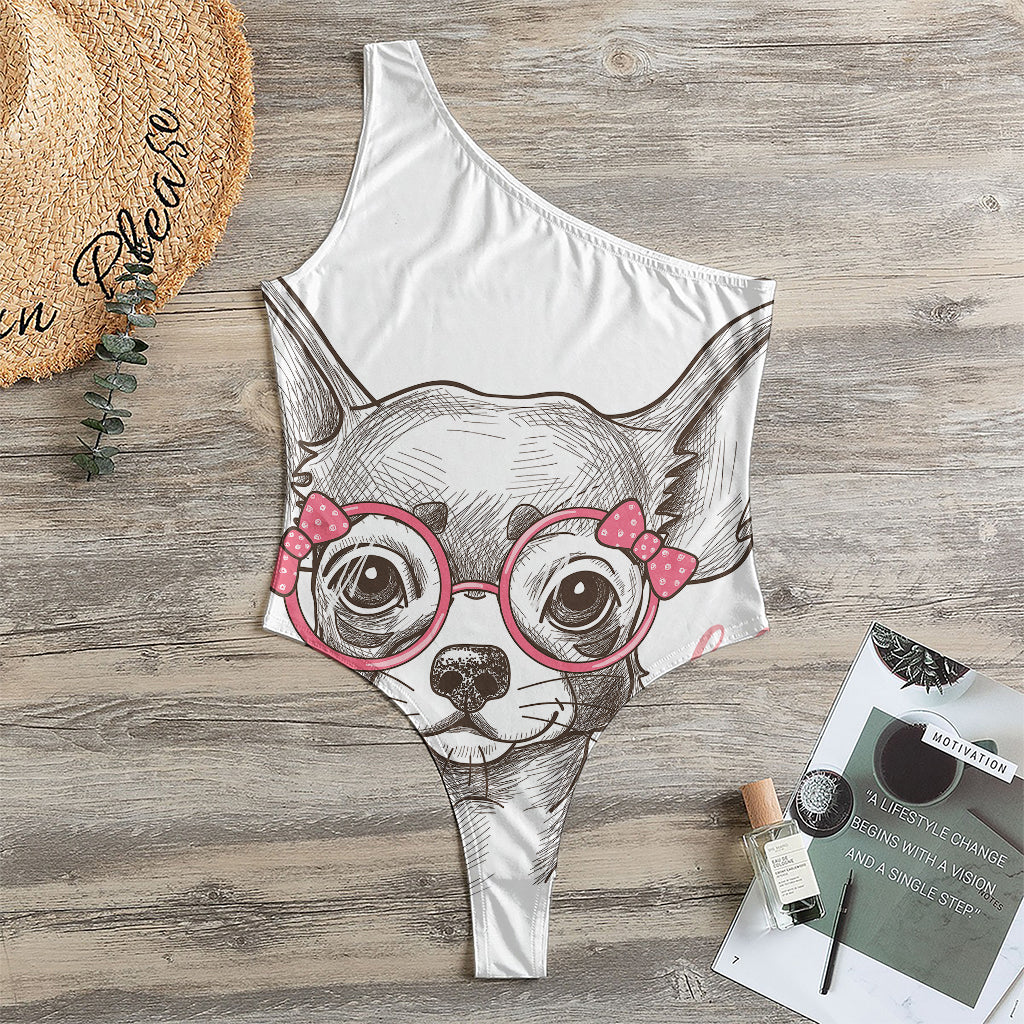 Cute Chihuahua With Glasses Print One Shoulder Bodysuit