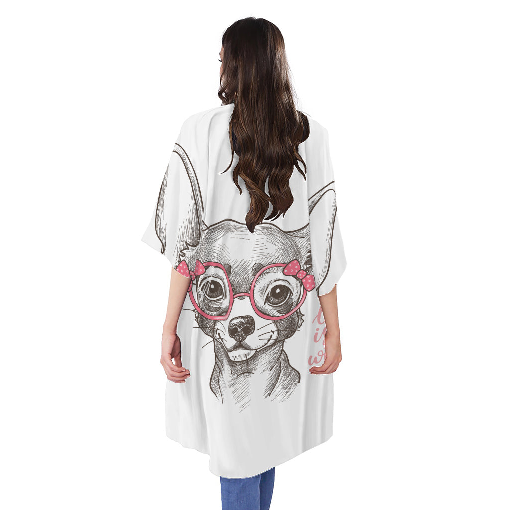 Cute Chihuahua With Glasses Print Open Front Beach Cover Up