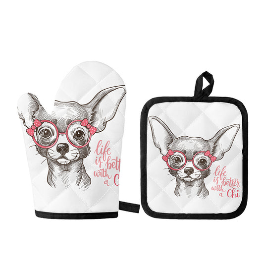 Cute Chihuahua With Glasses Print Oven Mitt And Pot Holder Set