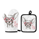 Cute Chihuahua With Glasses Print Oven Mitt And Pot Holder Set
