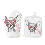 Cute Chihuahua With Glasses Print Oven Mitt And Pot Holder Set