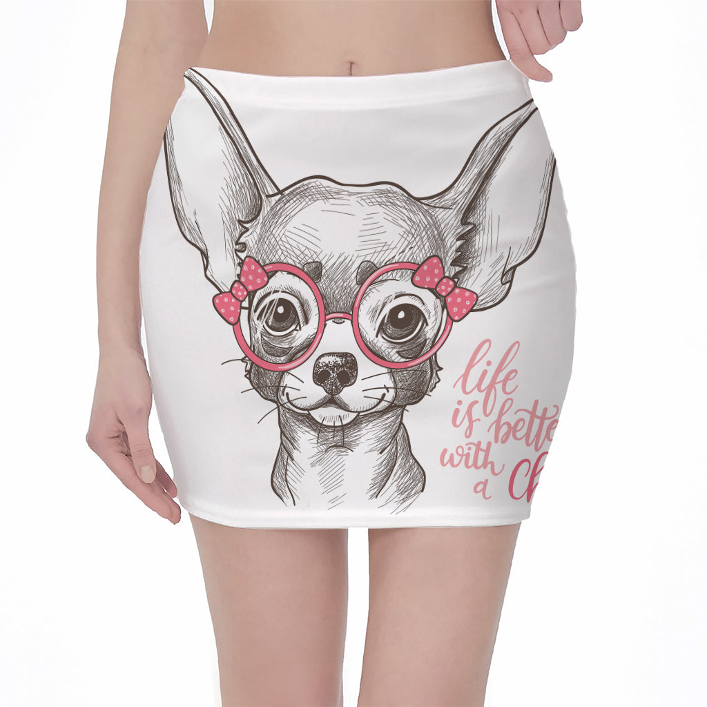 Cute Chihuahua With Glasses Print Pencil Mini Skirt