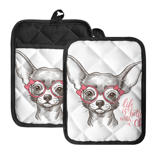 Cute Chihuahua With Glasses Print Pot Holders With Pocket