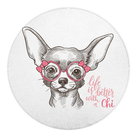 Cute Chihuahua With Glasses Print Round Blanket