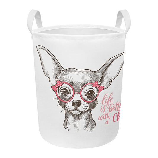 Cute Chihuahua With Glasses Print Round Laundry Basket