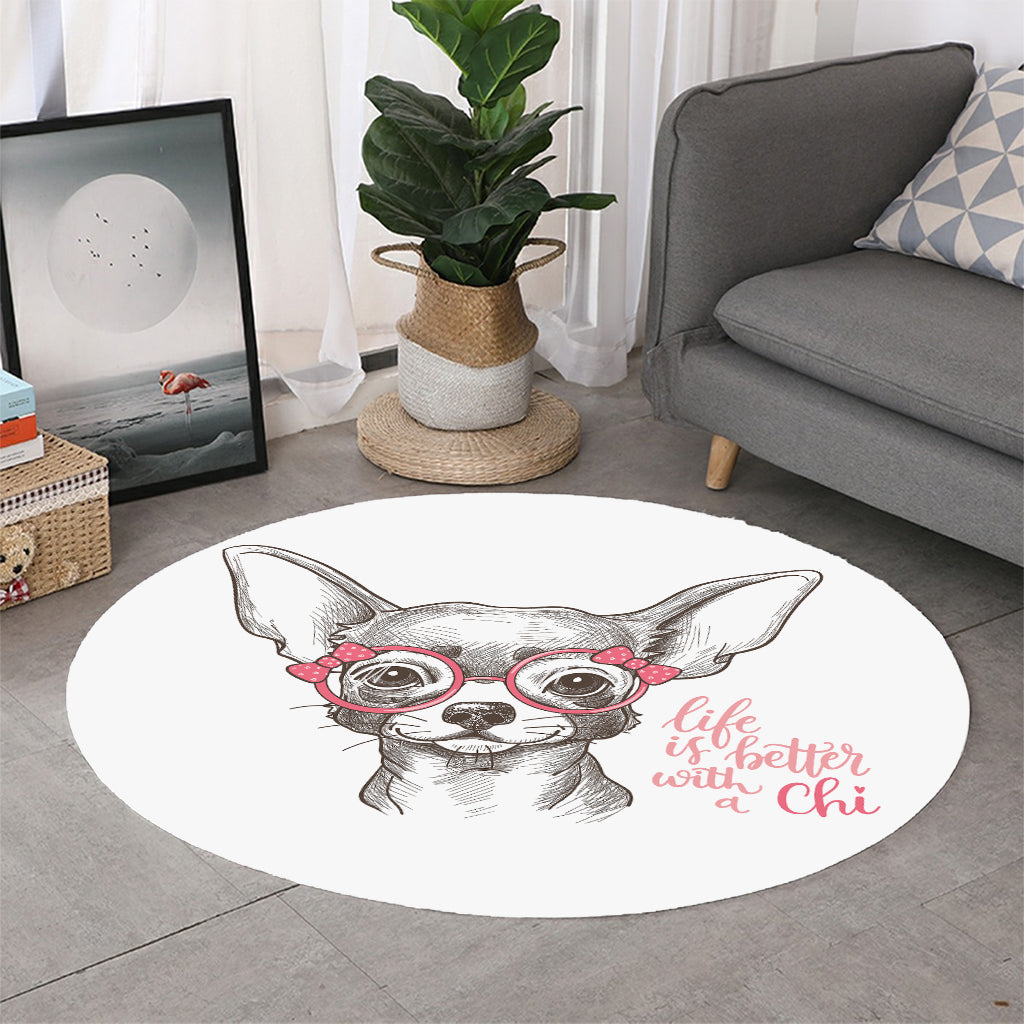 Cute Chihuahua With Glasses Print Round Rug